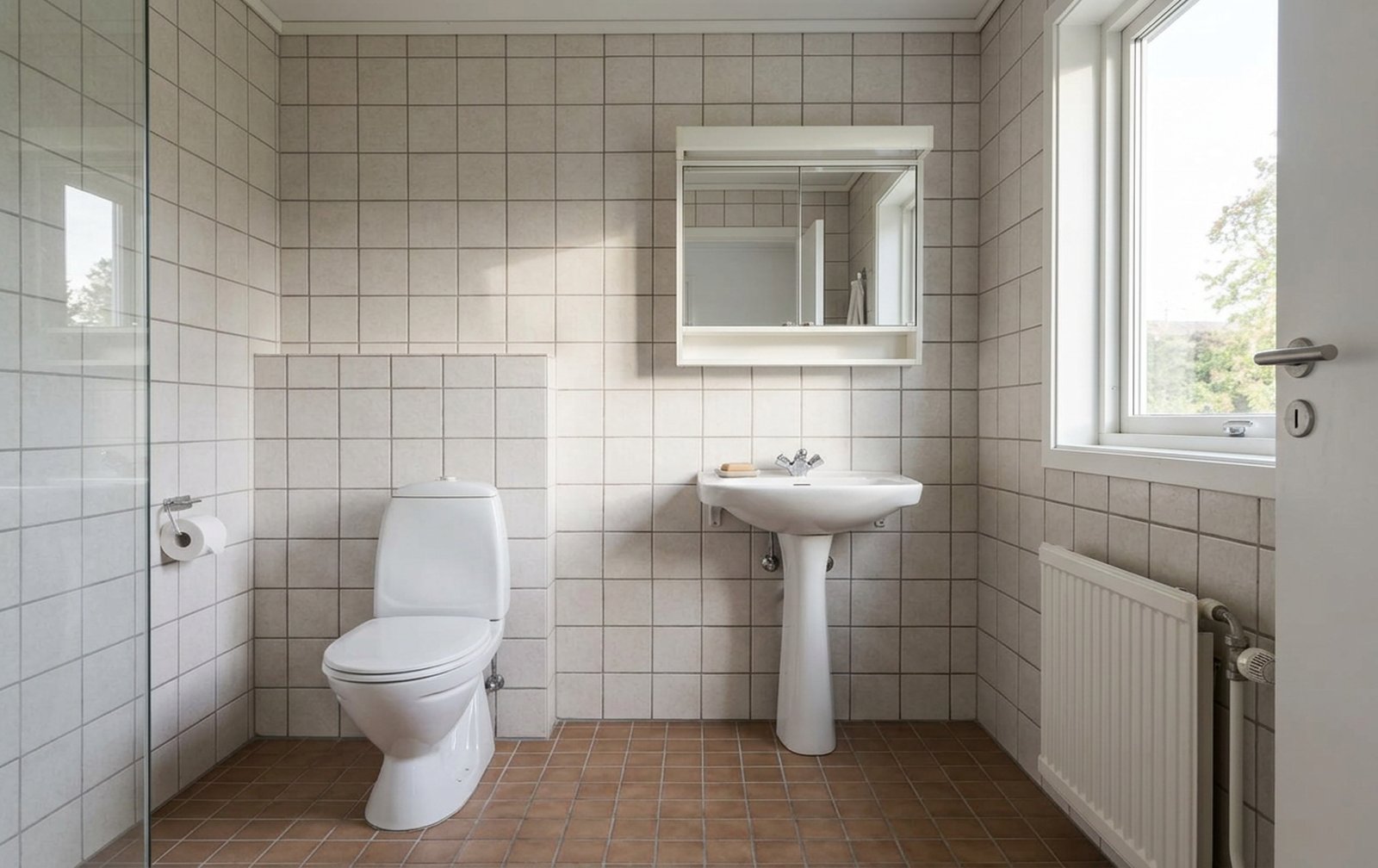 Det samme badet før oppussing, med eldre fliser, frittstående toalett og servant på søyle